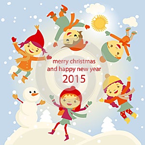 Winter Fun snowman kids vector 2015 retro photo