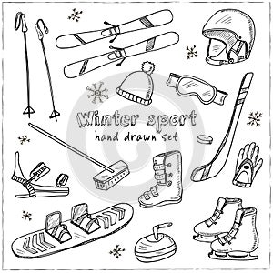 Winter Fun Sports, Activities and Accessories Hand-Drawn Notebook Doodles Set with Sled, Skis, Skates, Snowboard