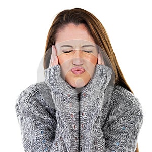 Winter, funny face or woman with fashion in studio on white background for comedy, humor and wellness. Beauty, natural
