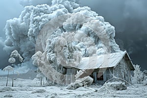 Winter Fury Majestic Snow Engulfed Cabin Amidst a Violent Snowstorm in a Bleak Landscape photo