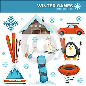 Winter games, sports and pastime hobbies set with snowflakes