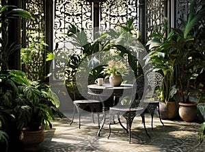 winter garden, openwork metal table and chairs, plants