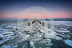 Winter ghosts of the Baltic Sea in Babie DoÅ‚y at sunset, Gdynia. Poland