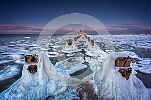 Winter ghosts of the Baltic Sea in Babie DoÅ‚y at sunset, Gdynia. Poland