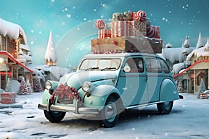 winter gift car holiday candy festive snow christmas merry retro. Generative AI.