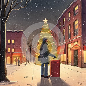 Winter Gift Giving: Person Holding a Gift Box on Snowy Street with Christmas Tree and Lights in Background