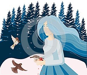 In winter, the girl feeds birds with hands