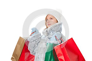 Winter girl with gift bags