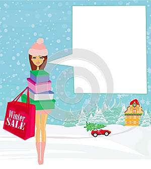 Winter girl with gift box - frame with place for your text