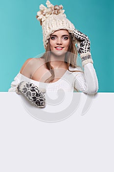 winter girl happy smile hold sale poster, attractive young excit photo