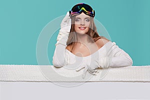 winter girl happy smile hold sale poster, attractive young excit photo