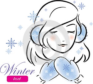 Winter girl with mittens and earmuffs