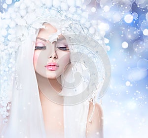 Winter Girl with Snow Hairstyle and Makeup