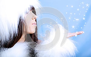 Winter girl wearing white fur