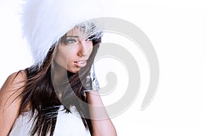 Winter girl wearing white fur