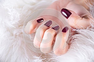 Winter Glamour: Red Wine Manicure in White Fur