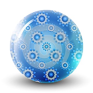 Winter Glass light blue ball or precious pearl with snowflakes. Glossy realistic ball, 3D abstract vector illustration