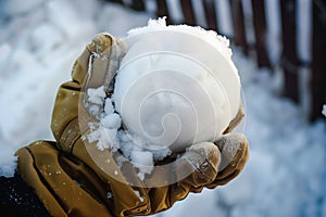 winter gloves holding a perfectly round snowball