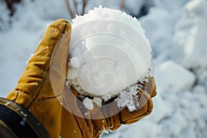 winter gloves holding a perfectly round snowball