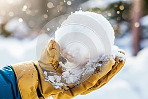 winter gloves holding a perfectly round snowball
