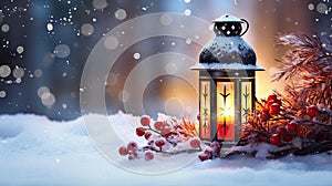 Winter Glow Christmas Lantern on Snow with Fir Branch in the Sunlight - Captivating Winter Decoration Background, created with