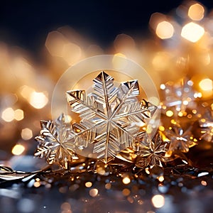 winter golden holiday background with snowflakes