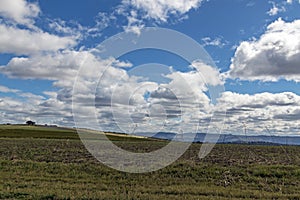 Winter Grassland Against Blue Winter Cloudy Sky Landscape