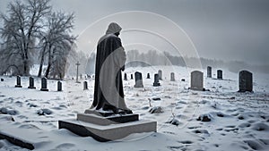 Graveyard at Wintertime Prayer Statue in Northern Ireland Cemetery Sad Poetic Imagery for Bereavement and Loss photo