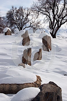 Winter graveyard at Akdamar Island, Van Lake, Turkey