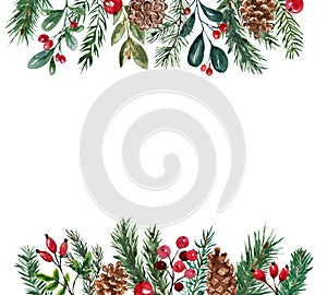 Festive winter frame with watercolor greenery, pine branches, red berries on white background. Holiday borders. Hand painted