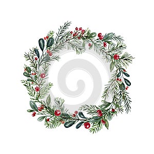 Winter greenery wreath. Christmas overlay design. Watercolor greenery, leaves, berries isolated on white background. Illustration