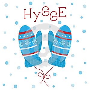 Winter greeting card in flat cartoon style. Nice knitted mittens on a string.