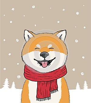 Winter greeting card with happy smiling shiba inu dog in scarf and snow. Christmas or New year poster with dog illustration