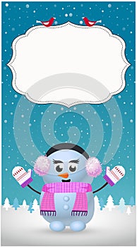 Winter greeting card template with smiling cartoon snowgirl