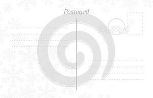 Winter greeting postcard back template with snowflakes, stamp and a place for a postmark