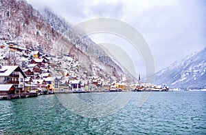 Winter in the Hallstatt town on a lake in Alps mountains, Austria