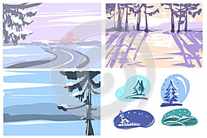 Winter hand drawn backgrounds Greeting cards set. Vector winter nature backgrounds