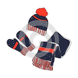 Winter hand drawn set of sketch scarf, mittens and winter hat icons.