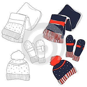 Winter hand drawn set of sketch scarf, mittens and winter hat icons.