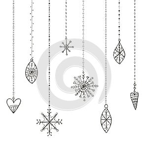 Winter hand drawn toys and snowflakes collection