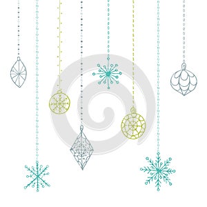 Winter hand drawn toys and snowflakes collection