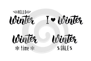 Winter handlettering set. Winter logos and emblems for invitation, greeting card, t-shirt, prints and posters. Hand drawn winter