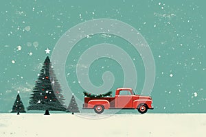 Winter happy celebration snow car background red tree christmas holiday merry card