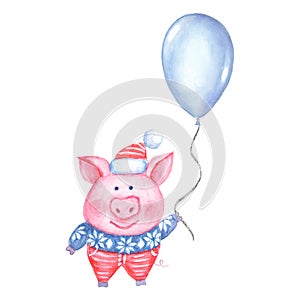 Winter Happy New Year and Christmas illustration with watercolor pig