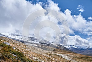 Winter has come to the Siberian steppe, snow-capped mountain pea