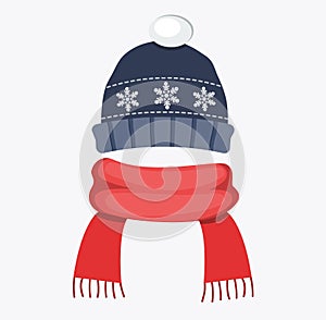 Winter hat cap with snowflake and pompom red scarf flat design vector illustration