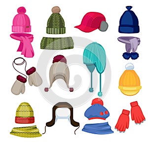 Winter hat cartoon. Headwear cap scarf and other fashion accessories clothes in flat style vector illustrations