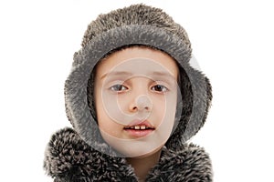 Winter hat fur hood kid portrait closeup isolated