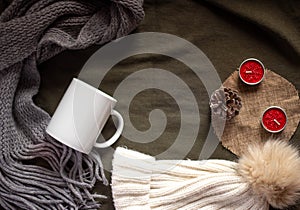 Winter hat, gray knitted scarf, white mug on a dark green background