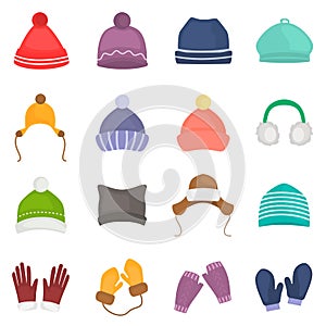 Winter hats and gloves color icons set for web and mobile design